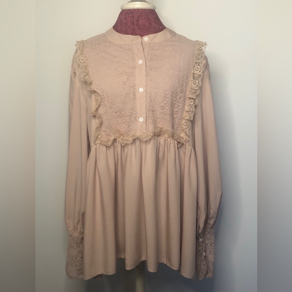 Sheilay long sleeve ruffle lace Bohemian prairie peasant top Tan Plus size 3X - Picture 3 of 13